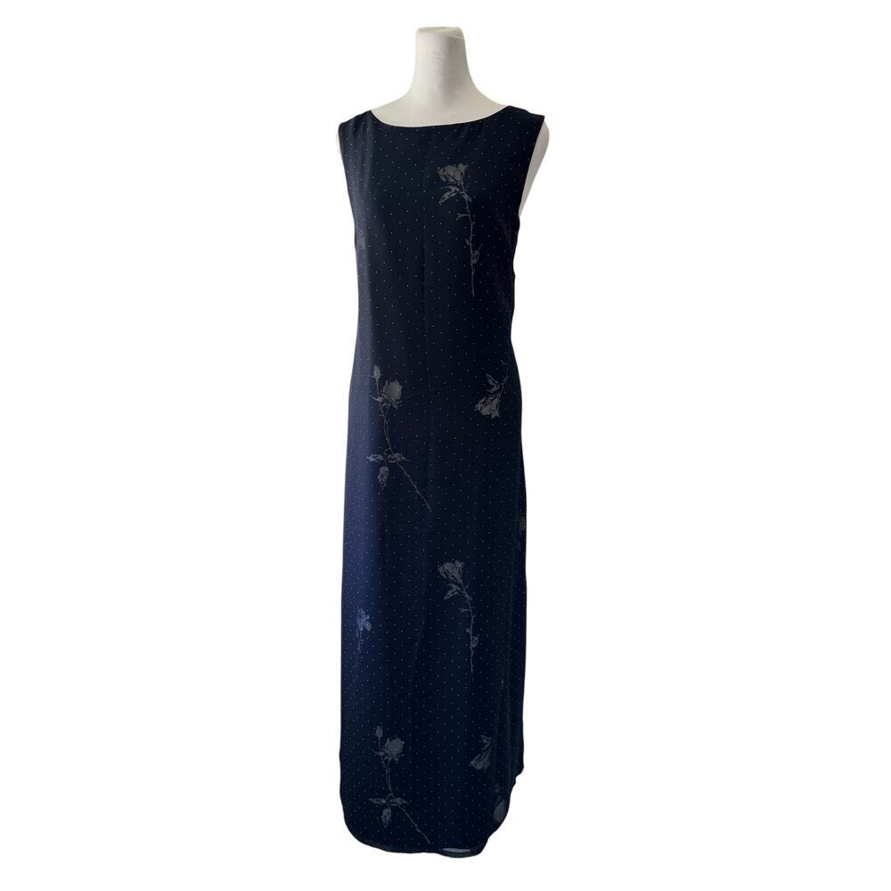 Vintage ‘00s Liz Claiborne First Issue Navy Polka Dot & Floral Print Maxi Dress